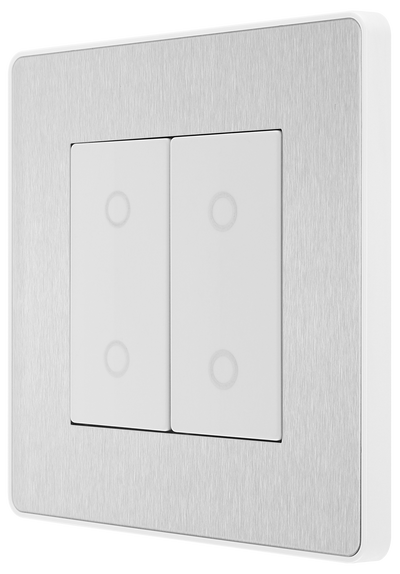 BG PCDBSTDM2W Brushed Steel Evolve 2 Gang 200W Trailing Edge Master Touch Dimmer - White Insert