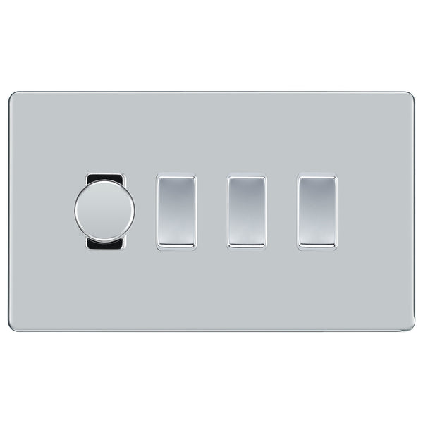 BG Polished Chrome Screwless Flat Plate 4 Gang Light Switch 1x Trailing Edge LED Dimmer 3x 2 Way Custom Switch