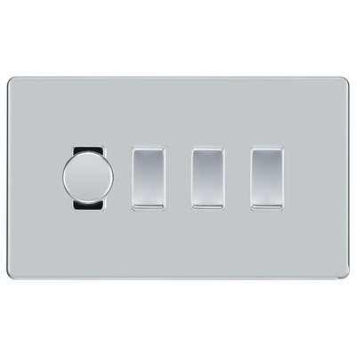 BG Polished Chrome Screwless Flat Plate 4 Gang Light Switch 1x Trailing Edge LED Dimmer 3x 2 Way Custom Switch by British General (SCREWLESS-PC-4G-CUSTOM-1x-DIMMER-3x-2Way)