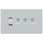 BG Polished Chrome Screwless Flat Plate 4 Gang Light Switch 1x Trailing Edge LED Dimmer 3x 2 Way Custom Switch by British General (SCREWLESS-PC-4G-CUSTOM-1x-DIMMER-3x-2Way)