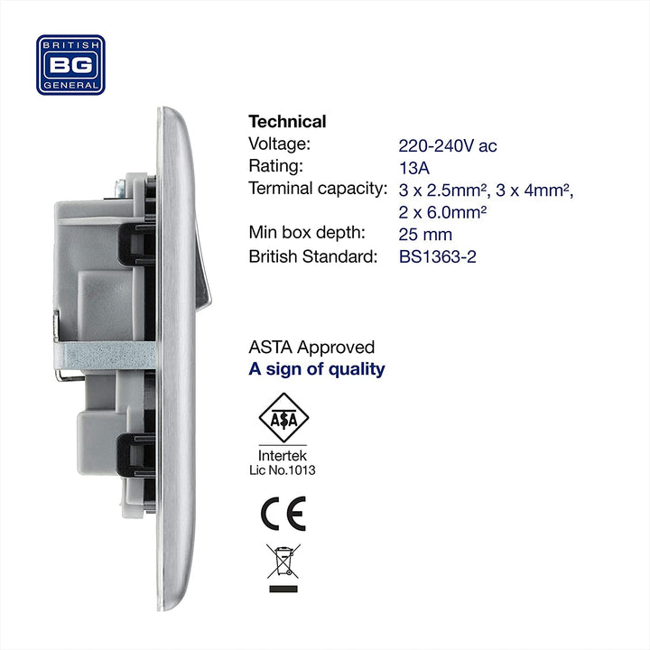 NBS22B Side- This brushed steel finish 13A double switched socket from British General has a sleek and slim profile with softly rounded edges, anti-fingerprint lacquer and no visible plastic around the switches for a luxurious finish. 