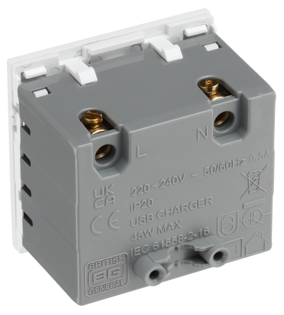 BG EMUSBAC45W Euro Module 2 Port A & C 45 USB Charging Module - White by British General (BG-EMUSBAC45W)