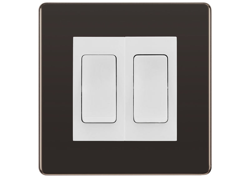 BG Electrical Screwless Black Nickel 2-Gang Light Switch 1x 2-Way + 1x Intermediate – White Inserts