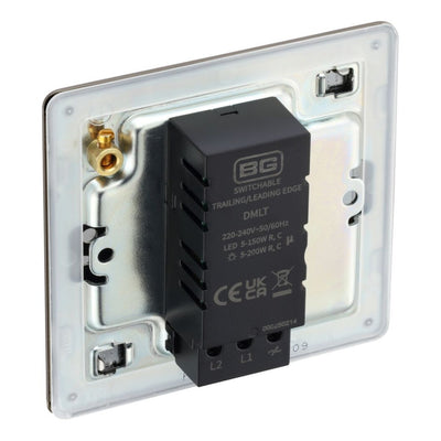 BG Screwless Black Nickel 200W 2 Way Single Trailing Edge Dimmer Switch FBN81 with 25mm Steel Back Box