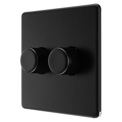 BG Screwless Matt Black 200W 2 Way Double Trailing Edge Dimmer Switch FFB82 with 25mm Steel Back Box