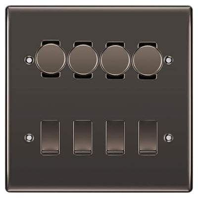 BG Nexus Black Nickel 8 Gang Switch 4x Trailing Edge LED Dimmer, 2x Intermediate, 2x 2-Way Switch by British General (BG-Nexus-BN-8G-4x-Dimmer-2x-INT-2x-2Way)
