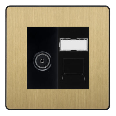 BG Evolve Satin Brass TV Aerial & RJ45 CAT6 Data Socket - Black Insert
