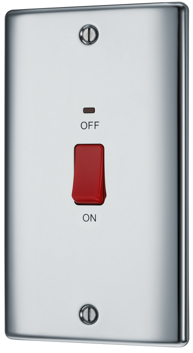 NPC72 Front - This 45A double pole switch with indicator from British General is ideal for use with cookers and a large mounting plate measuring 146mm high x 86mm wide.