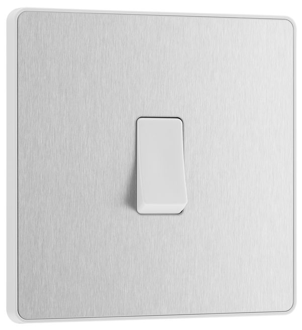 PCDBS12W Front - This Evolve Brushed Steel 20A 16AX single light switch from British General will operate one light in a room.