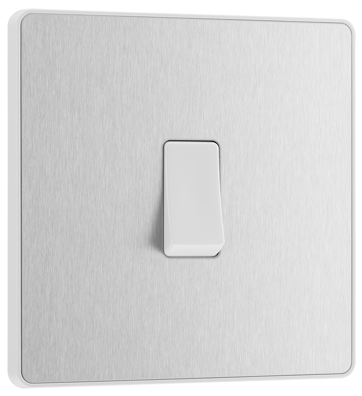 PCDBS12W Front - This Evolve Brushed Steel 20A 16AX single light switch from British General will operate one light in a room.