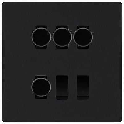 BG Evolve Matt Black 6 Gang Switch 4x Trailing Edge LED Dimmer, 1x Intermediate, 1x 2-Way Switch by British General (BG-Evolve-MB-6G-4x-Dimmer-1x-INT-1x-2Way)