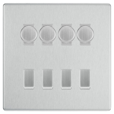 BG Screwless Brushed Steel 8 Gang Switch 4x Trailing Edge LED Dimmer 4x Intermediate Custom Grid Switch by British General (BG-SCRL-BS-8G-CUSTOM-4x-Dimmer-4x-INT)