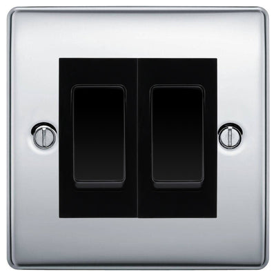 BG Nexus Polished Chrome 2 Gang 20AX 2-Way Switch Custom Grid – Black Insert by British General (BG-Nexus-PC-2G-Combo-2x2WAY-BL)