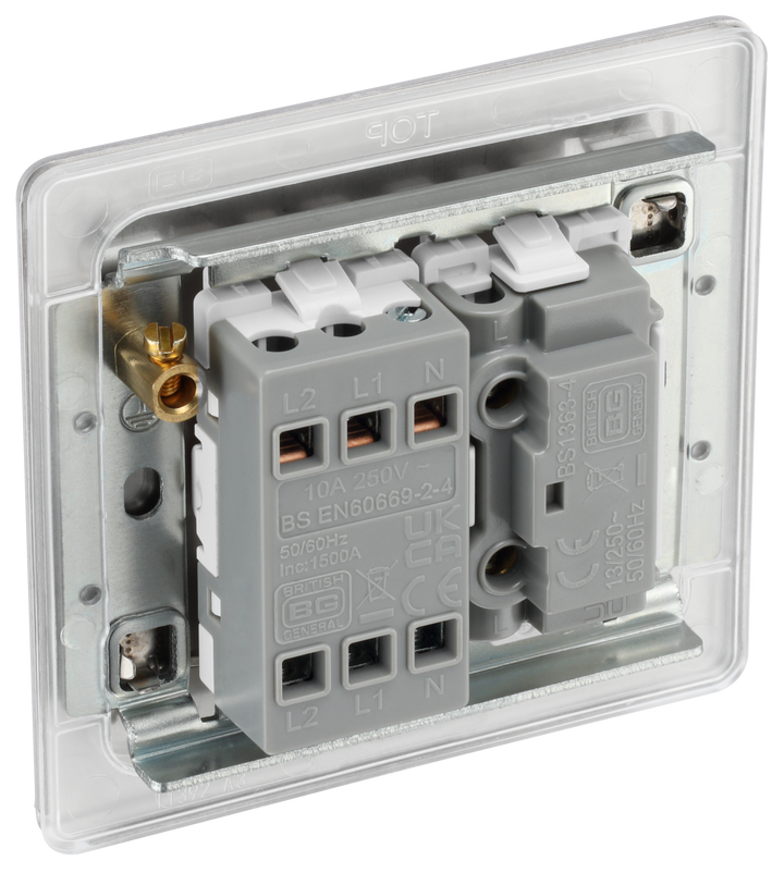 FBS15F Back - This Screwless Flatplate 10A triple pole fan isolator switch from British General has a separate fuse carrier and provides a safe and simple method of isolating mechanical fan units. The brushed steel finish frontplate has an anti-fingerprint lacquer, making it ideal for modern interiors.