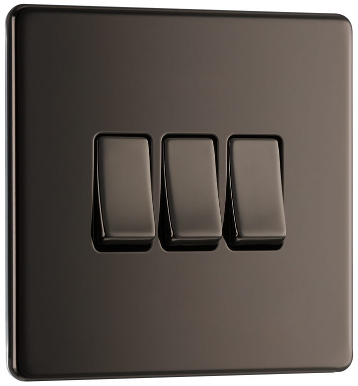 FBN43 Front - This Screwless Flat plate black nickel finish 20A 16AX triple light switch from British General can operate 3 different lights whilst the 2 way switching allows a second switch to be added to the circuit to operate the same light from another location (e.g. at the top and bottom of the stairs).