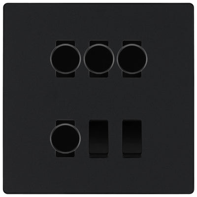 BG Evolve Matt Black 6 Gang Switch 4x Trailing Edge LED Dimmer 2x 2Way Custom Grid Switch