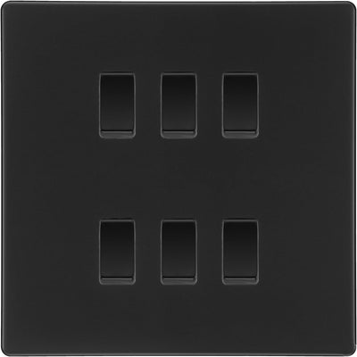 BG Matt Black Screwless 6 Gang Intermediate Light Switch Custom Grid + Back Box by British General (BG-SCL-MB-6G-CUSTOM-6x INT SWITCH)