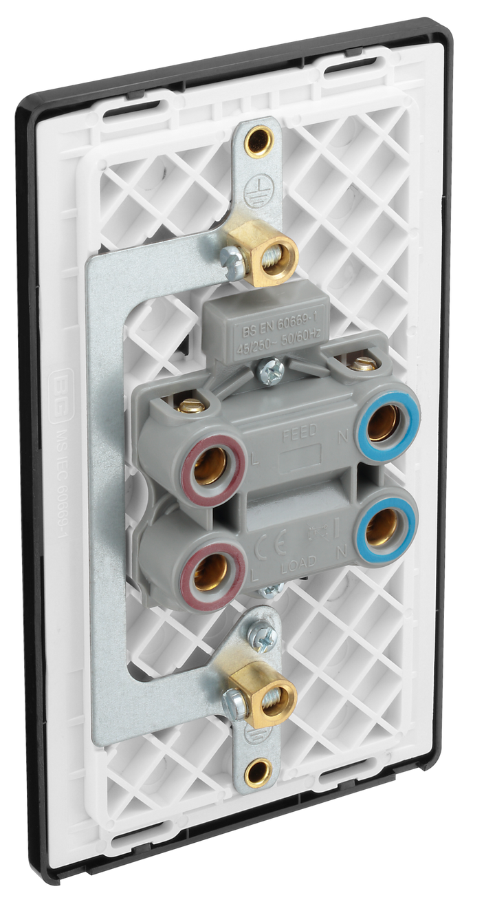 PCDBC72B Back - This Evolve Black Chrome 45A double pole switch with indicator from British General is ideal for use with cookers and has a large mounting plate measuring 146mm high x 86mm wide.