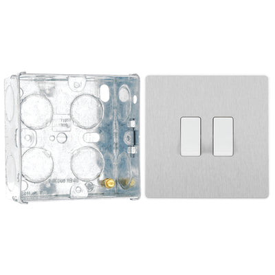 BG Evolve Brushed Steel 2 Gang 20A 16AX 2 Way Light Switch PCDBS42W with 35mm Steel Back Box