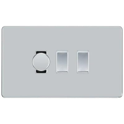 BG Screwless Polished Chrome 3 Gang Light Switch Grid – 1x Trailing-Edge LED Dimmer, 1x Intermediate, 1x 2-Way Switch by British General (BG-SCRL-PC-3G-1x-Dimmer-1x-INT-1x-2Way)