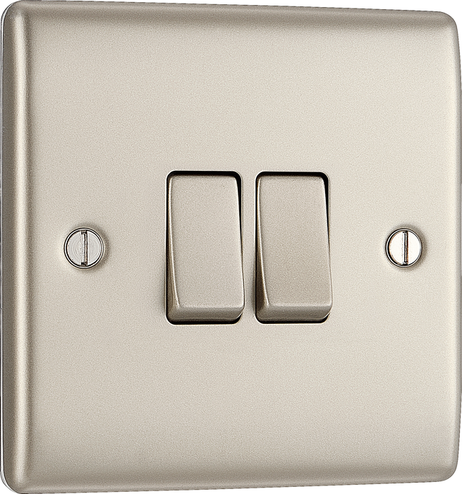  NPR42 Front - This pearl nickel finish 20A 16AX double light switch from British General can operate 2 different lights whilst the 2 way switching allows a second switch to be added to the circuit to operate the same light from another location (e.g. at the top and bottom of the stairs).