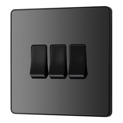 BG Evolve Black Chrome 3 Gang 20A 16AX 2 Way Light Switch PCDBC43B with 35mm Steel Back Box