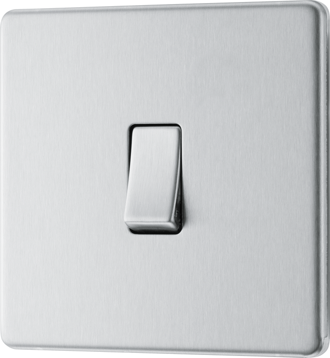 FBS12 Front - This Screwless Flat plate brushed steel finish 20A 16AX single light switch from British General will operate one light in a room. 