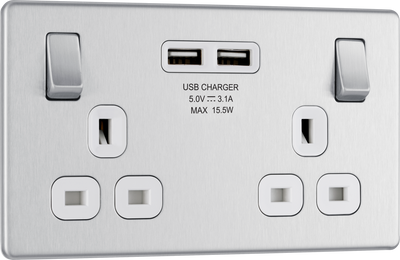 FBS22U3W Front - This completely screwless and slimline flat plate 13A double power socket from British General comes with two USB charging ports allowing you to plug in an electrical device and charge mobile devices simultaneously without having to sacrifice a power socket.