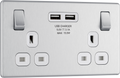 BG Electrical FBS22U3W Nexus Screwless Flat-Plate Double Switched Plug Socket Brushed Steel White Insert 2 USB 3.1A