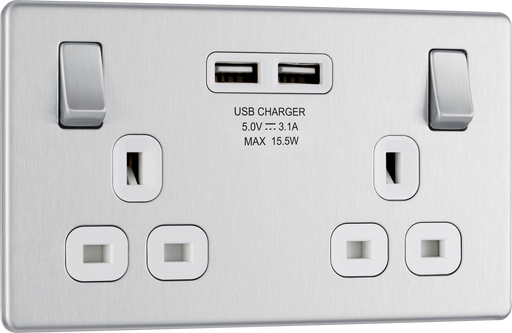 FBS22U3W Front - This completely screwless and slimline flat plate 13A double power socket from British General comes with two USB charging ports allowing you to plug in an electrical device and charge mobile devices simultaneously without having to sacrifice a power socket.