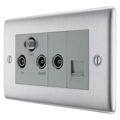 BG Nexus Brushed Steel Triplex TV/FM/Sat Socket + Return & Tel. NBS68 with 35mm Steel Back Box