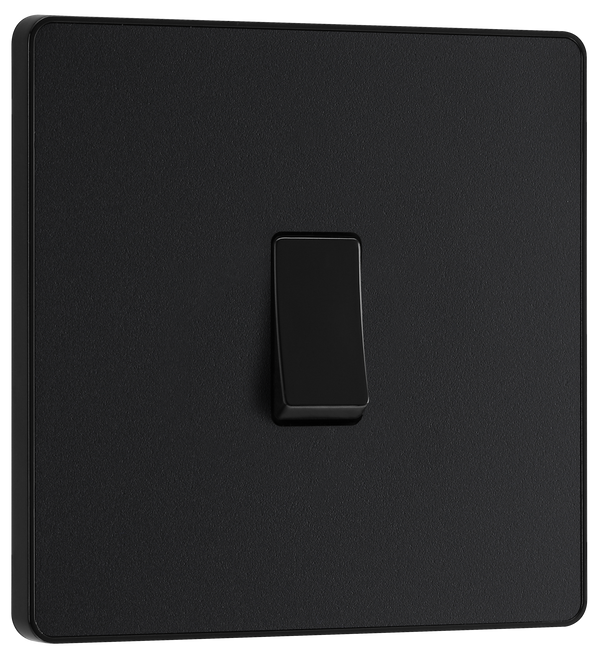 PCDMB12B Front - This Evolve Matt Black 20A 16AX single light switch from British General will operate one light in a room. The 2 way switching allows a second switch to be added to the circuit to operate the same light from another location (e.g. at the top and bottom of the stairs).