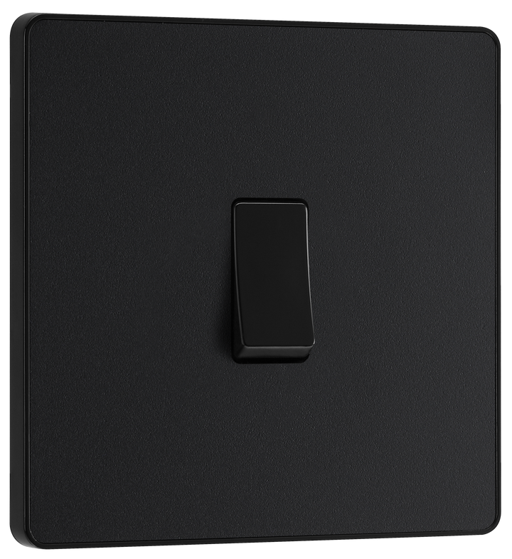 PCDMB12B Front - This Evolve Matt Black 20A 16AX single light switch from British General will operate one light in a room. The 2 way switching allows a second switch to be added to the circuit to operate the same light from another location (e.g. at the top and bottom of the stairs).