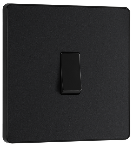 PCDMB12B Front - This Evolve Matt Black 20A 16AX single light switch from British General will operate one light in a room. The 2 way switching allows a second switch to be added to the circuit to operate the same light from another location (e.g. at the top and bottom of the stairs).