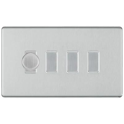 BG Screwless Brushed Steel 4 Gang Switch 1x Trailing Edge LED Dimmer 3x Intermediate Custom Grid Switch by British General (BG-SCRL-BS-4G-CUSTOM-1x-Dimmer-3x-INT)