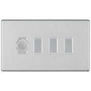 BG Screwless Brushed Steel 4 Gang Switch 1x Trailing Edge LED Dimmer 3x Intermediate Custom Grid Switch by British General (BG-SCRL-BS-4G-CUSTOM-1x-Dimmer-3x-INT)