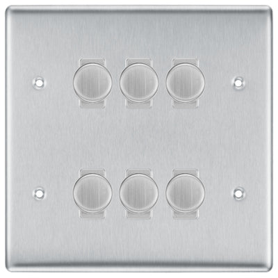 BG Brushed Steel 6 Gang Trailing Edge LED Dimmer Light Switch 2 Way Custom Switch