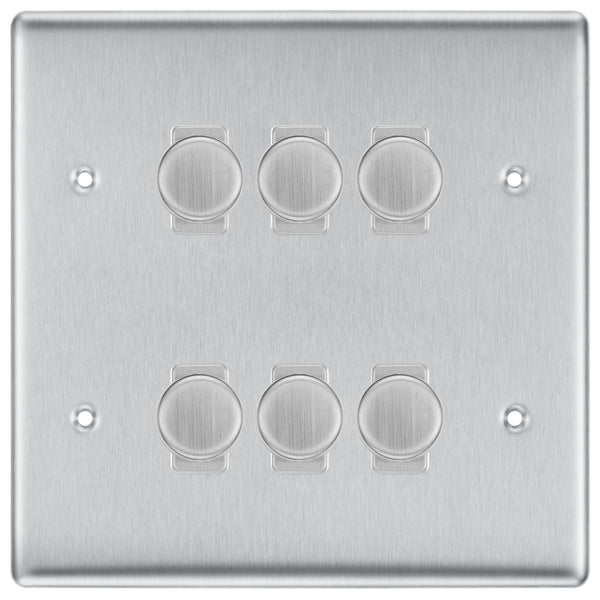 BG Brushed Steel 6 Gang Trailing Edge LED Dimmer Light Switch 2 Way Custom Switch