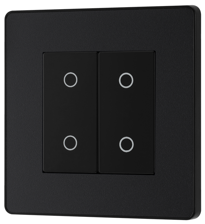 PCDMBTDM2B Front - This Evolve Matt Black double master trailing edge touch dimmer allows you to control your light levels and set the mood. The intelligent electronic circuit monitors the connected load and provides a soft-start with protection against thermal, current and voltage overload