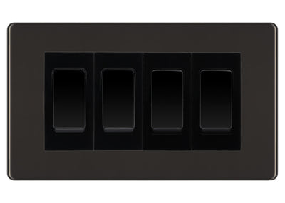 BG Black Nickel Screwless 4 Gang Intermediate Light Switch Custom Grid - Black Insert by British General (BG-SCRL-BN-4G-Combo-4x INT-BL)