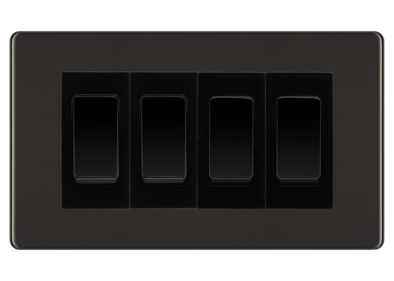 BG Black Nickel Screwless 4 Gang Intermediate Light Switch Custom Grid - Black Insert