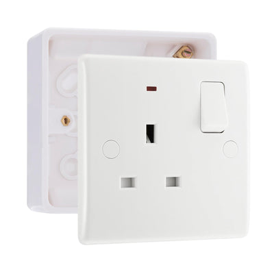 BG Nexus 13A 1 Pole Neon Switched Socket White & 32mm Pattress Back Box by British General (BG-825+891)