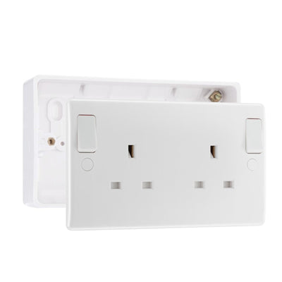 BG Nexus 13A DP Double Socket + Outboard Rockers White & 32mm Pattress Back Box by British General (BG-822DPOB+892)