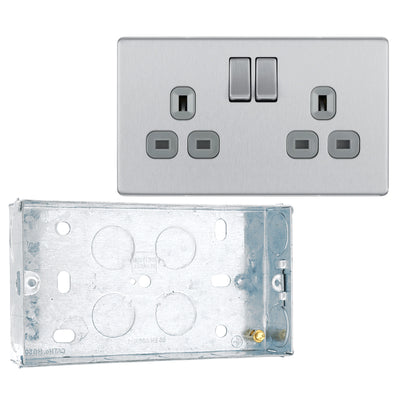 BG Screwless Brushed Steel 13A Double Socket FBS22G with 25mm Steel Back Box by British General (BG-FBS22G+HGS04)