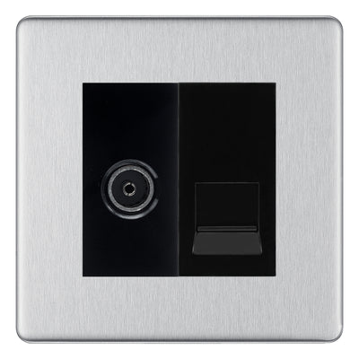 BG Screwless Brushed Steel TV Aerial & BT Telephone Outlet Plate — Black Insert