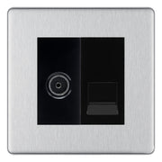 BG Screwless Brushed Steel TV Aerial & BT Telephone Outlet Plate — Black Insert