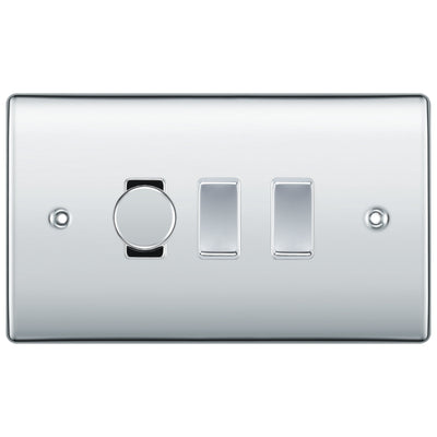 BG Nexus Polished Chrome 3 Gang Light Switch Grid – 1x Trailing-Edge LED Dimmer, 1x Intermediate, 1x 2-Way Switch by British General (BG-Nexus-PC-3G-1x-Dimmer-1x-INT-1x-2Way)