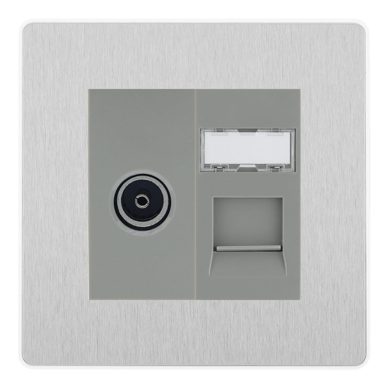 BG Evolve Brushed Steel TV Aerial & RJ45 CAT6 Data Socket - Grey Insert
