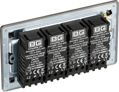 BG Electrical FBN84 Nexus Flatplate Screwless Black Nickel 4 Gang 200W 2 Way Trailing-Edge Push Dimmer Switch