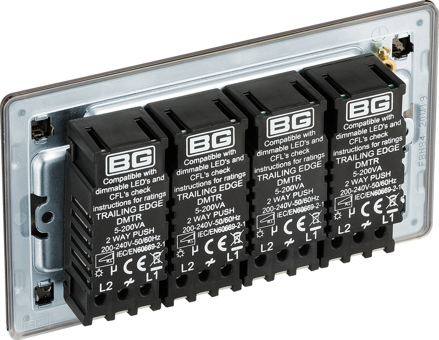 FBN84 Back -This trailing edge quadruple dimmer switch from British General allows you to control your light levels and set the mood. The intelligent electronic circuit monitors the connected load and provides a soft-start with protection against thermal, current and voltage overload.